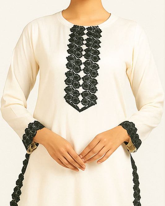 trendy White dress with black floral  lace embroidery work on neck line ,sleeves and daman