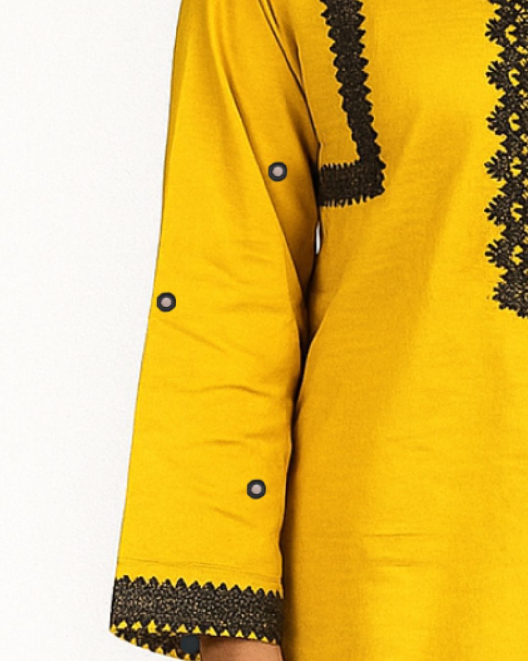 showing a best summer collection dresses Yellow kurta with black lace details and sheesha work sleeves design 