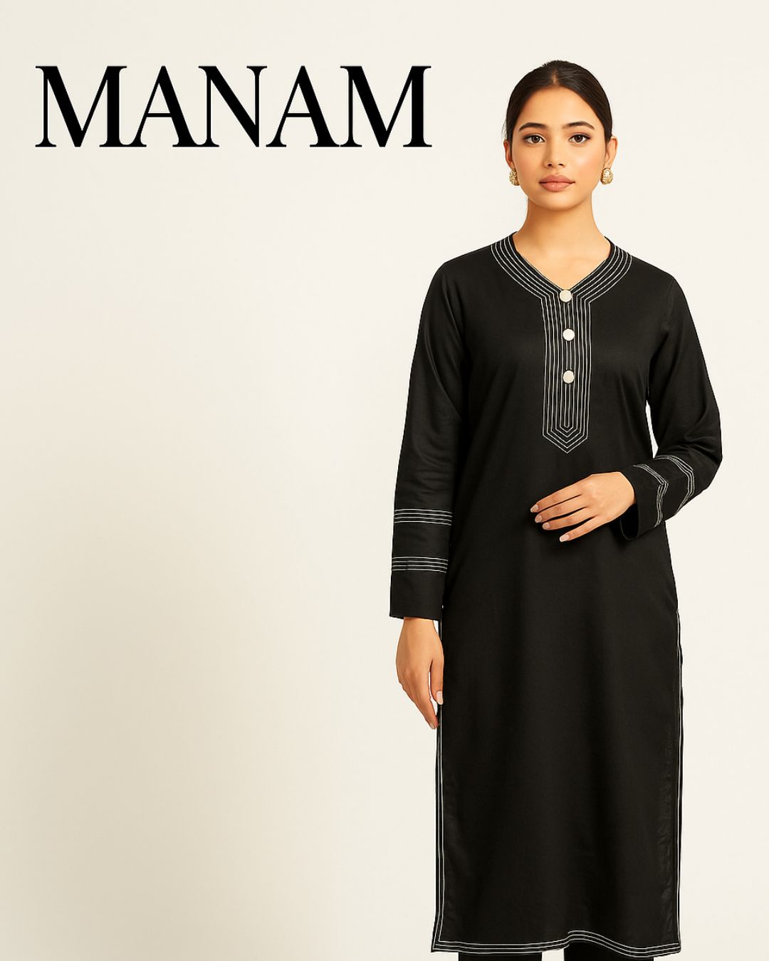 Woman wearing a classy stunning formal black kurta with silver thread work and fancy button on neck line, featuring the brand 'MANAM'.