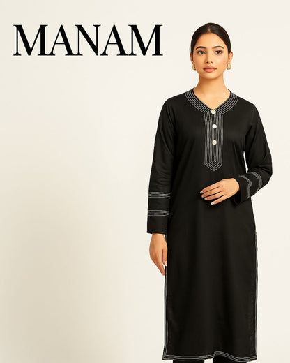 Woman wearing a classy stunning formal black kurta with silver thread work and fancy button on neck line, featuring the brand 'MANAM'.