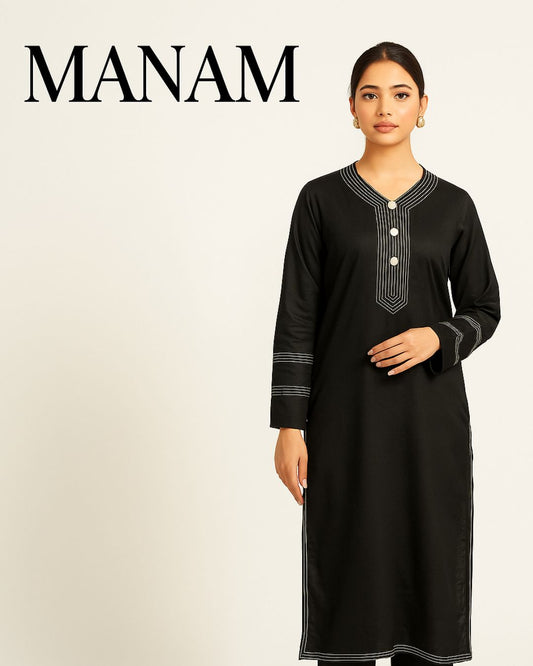Woman wearing a classy stunning formal black kurta with silver thread work and fancy button on neck line, featuring the brand 'MANAM'.