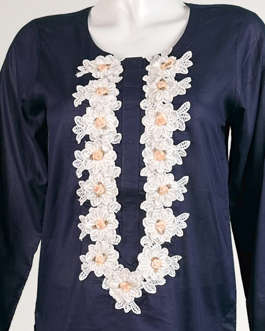showing a Navy blue trendy women's office wear with white floral lace detailing on neckline 
