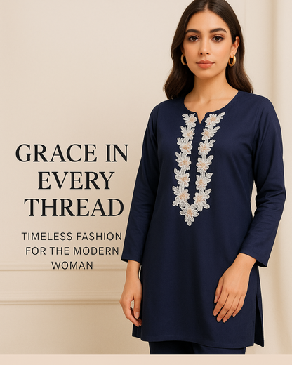 Woman wearing a trendy women's office wear navy blue embroidered dress by manam