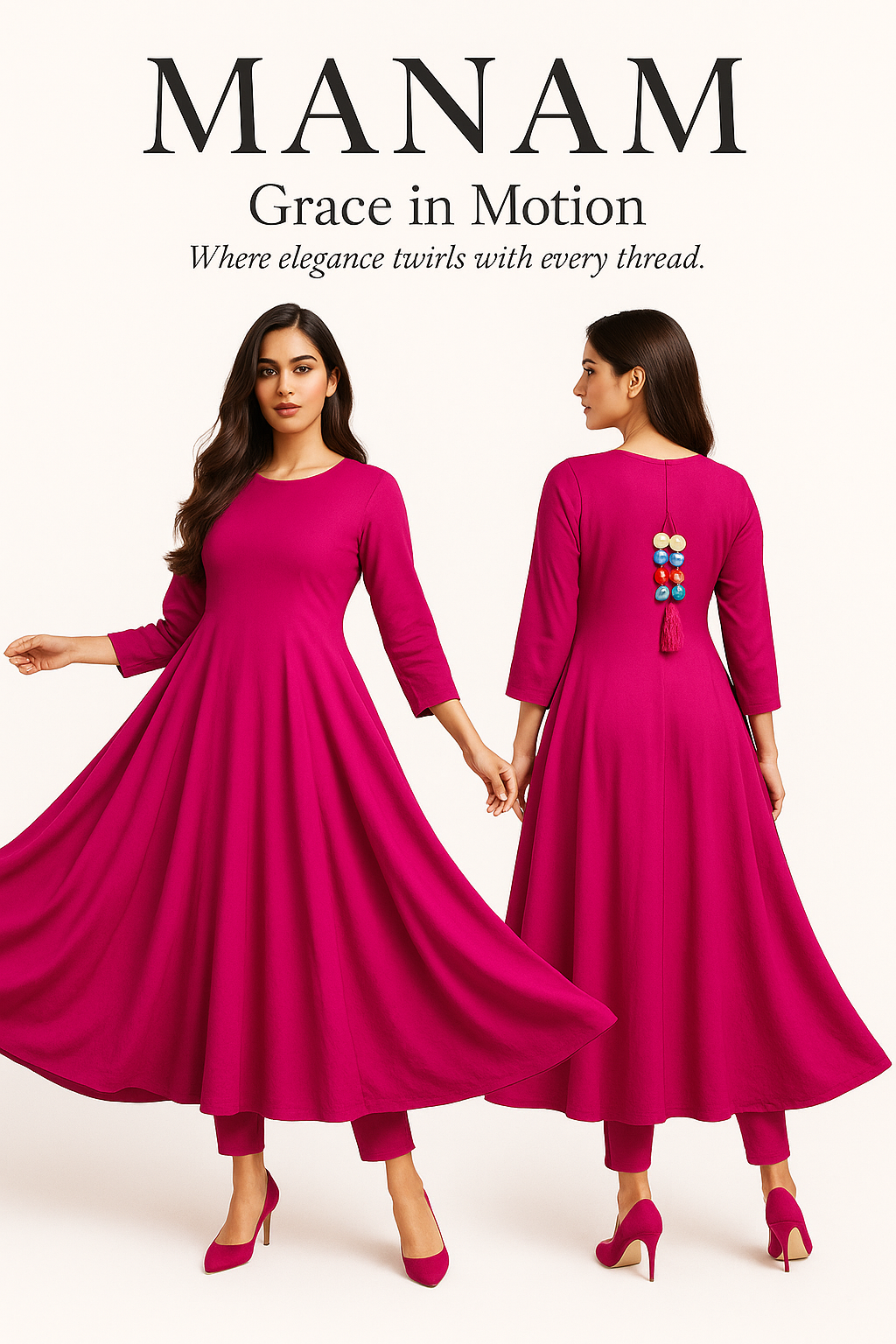 wearing a fuchsia trendy maxi dress colourful tassels on back 