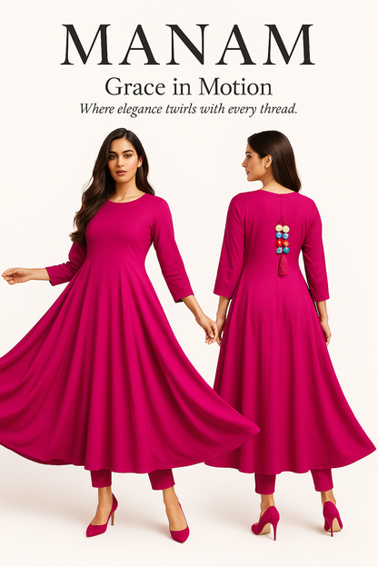 wearing a fuchsia trendy maxi dress colourful tassels on back 