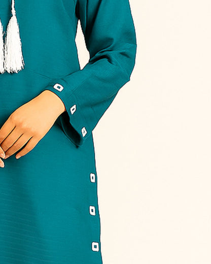 ladies Teal dress with silver sheesha work on sleeves 