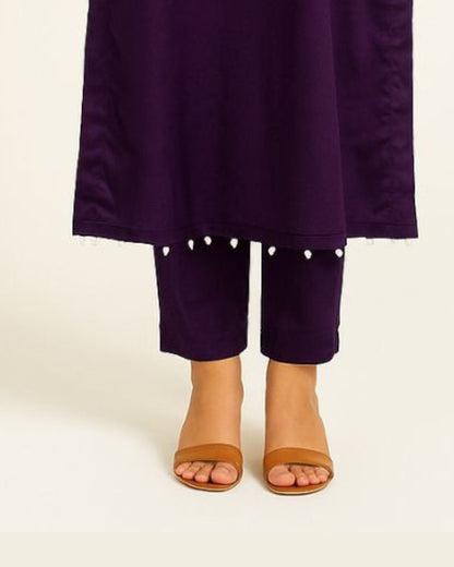 Deep Plum Pearl-Detail Causal Wear Dress