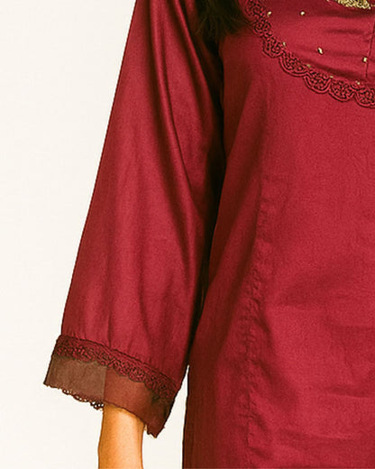 Maroon  party wear shirt with lace detailing on sleeve