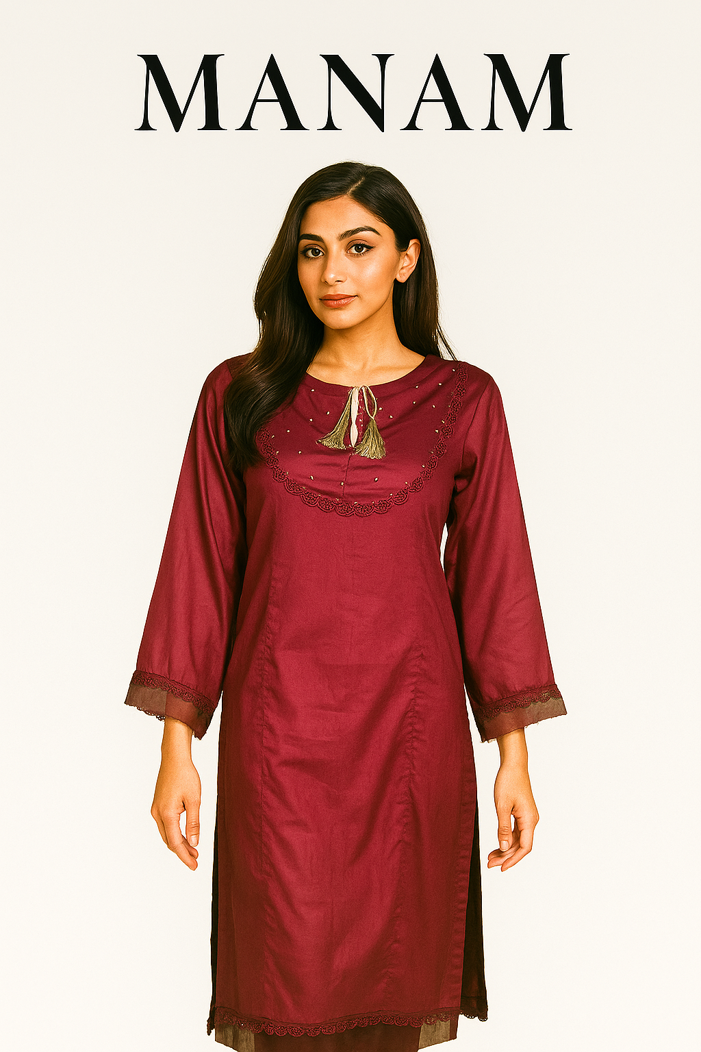Woman wearing a maroon party wear dress with gold details on a white background, featuring the brand 'Manam'.