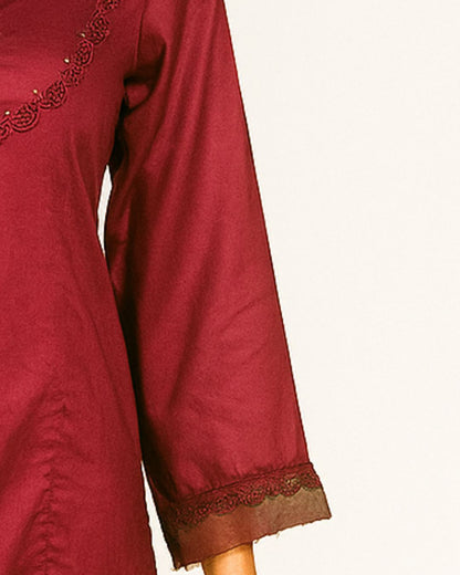 Maroon party wear shirt with lace detailing on a sleeve