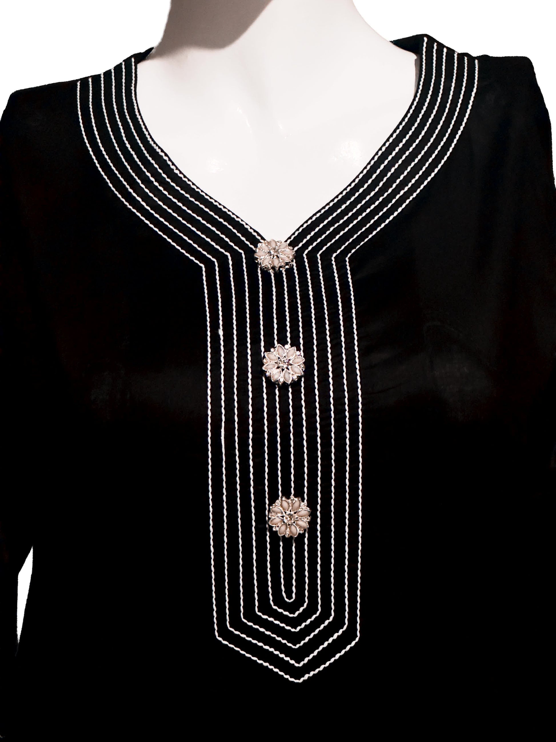 showing classy Black dress neck fancy buttons and silver thread work detailing with decorative buttons o