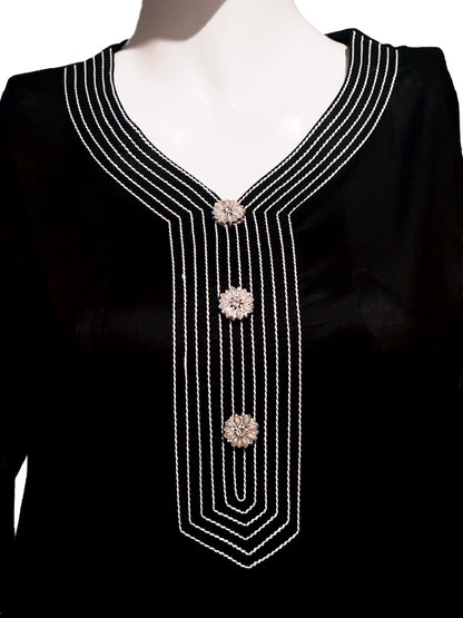 showing classy Black dress neck fancy buttons and silver thread work detailing with decorative buttons o