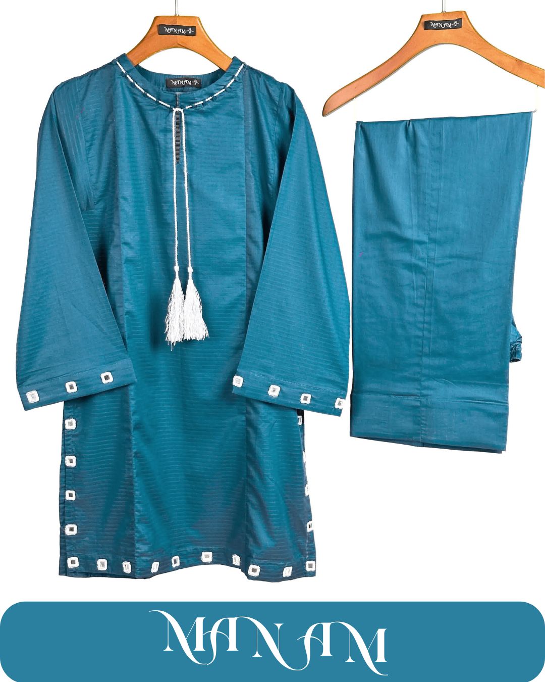 display Teal ladies suits with matching trouser on hangers, brand 'Manam' visible.