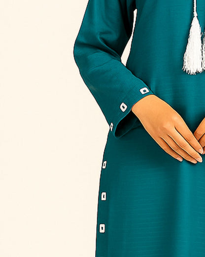 showing Teal dress with silver sheesha work on sleeves women fashion design 