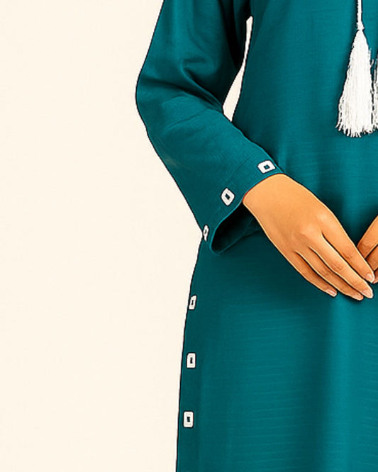 showing Teal dress with silver sheesha work on sleeves women fashion design 