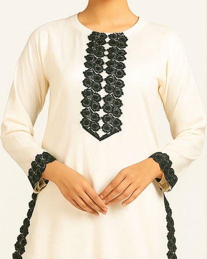 trendy White dress with black floral  lace embroidery work on neck line ,sleeves and daman
