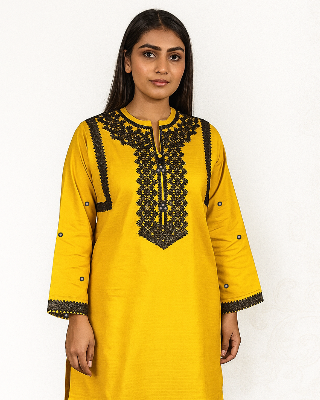 Woman wearing a yellow  new best summer collection kurta with black lace and sheesha work by Manam